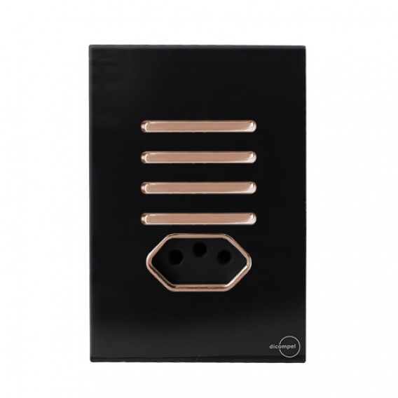 Conjunto Interruptor Quadruplo (2 Simples + 2 Paralelo) + Tomada 10a 4x2 - Novara Glass Preto Brilhante Ouro Rose Conjunto Interruptor Quadruplo (2 Simples + 2 Paralelo) + Tomada 10a 4x2 - Novara Glass Preto Brilhante Ouro Rose